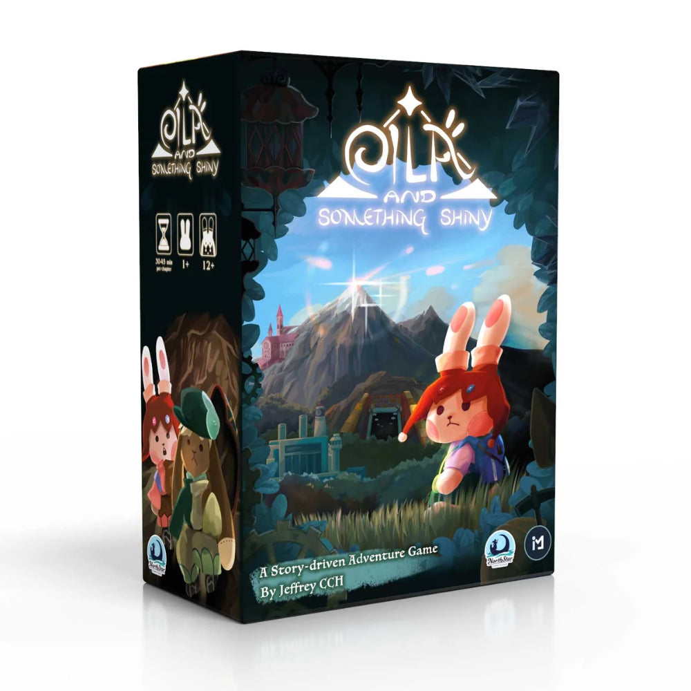 Black cardboard box for the board game Eila and Something Shiny with illustrated characters and glowing mountainous landscape