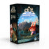 Black cardboard box for the board game Eila and Something Shiny with illustrated characters and glowing mountainous landscape