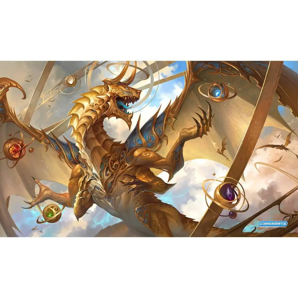 Elder Artifact Dragon playmat by Sandara featuring a golden dragon with intricate blue and gold detailing and glowing orbs