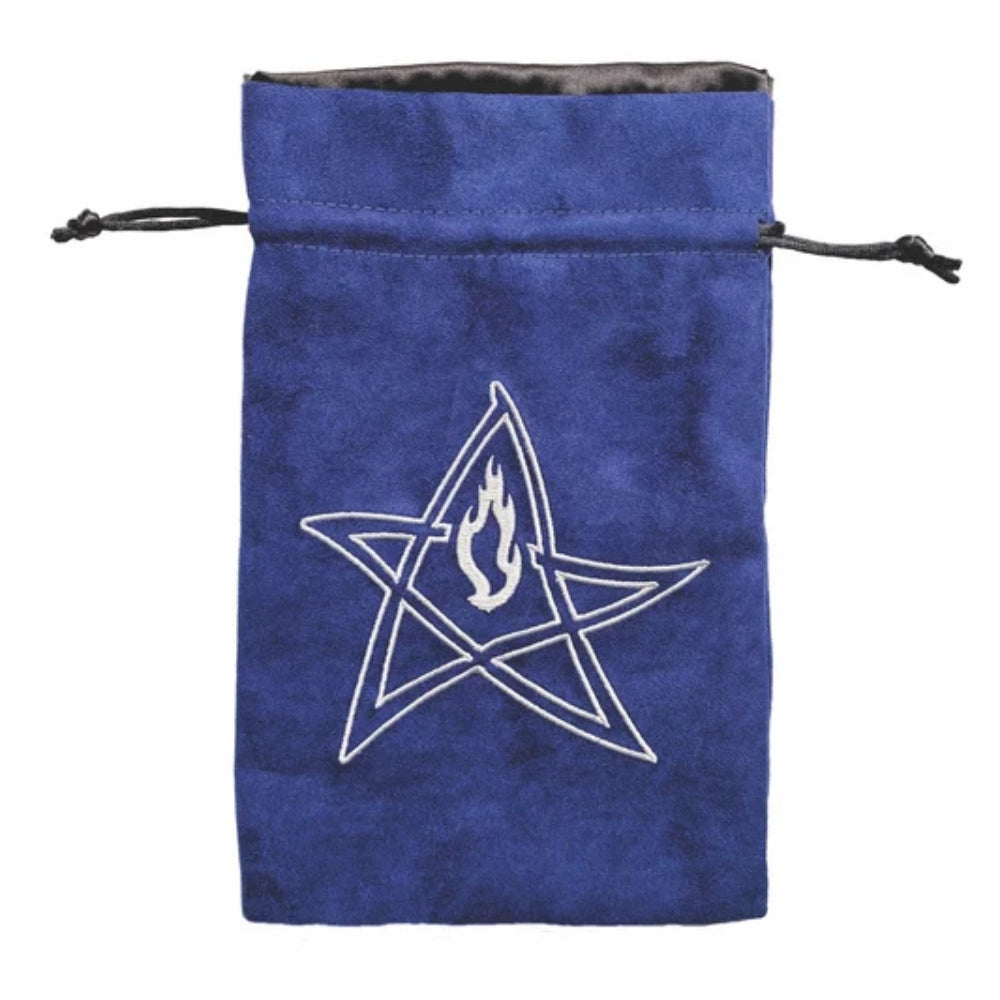 A royal blue suede Elder Star dice bag with a white embroidered pentagram and central flame design