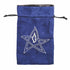 A royal blue suede Elder Star dice bag with a white embroidered pentagram and central flame design