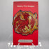 A vibrant red enamel elemental dragon pin featuring detailed fire dragon design with orange and yellow flames on branded card