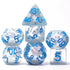 Enchanted Dice Arctic Fox polyhedral dice set with translucent blue and white glittery dice and bold blue numerals
