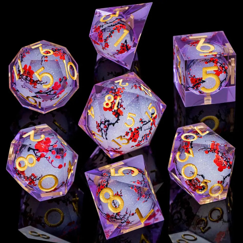 Enchanted Dice Cherry Blossoms in Purple Liquid Core Polyhedral (D&D) Dice Set (7) - Dice & Dice Supplies