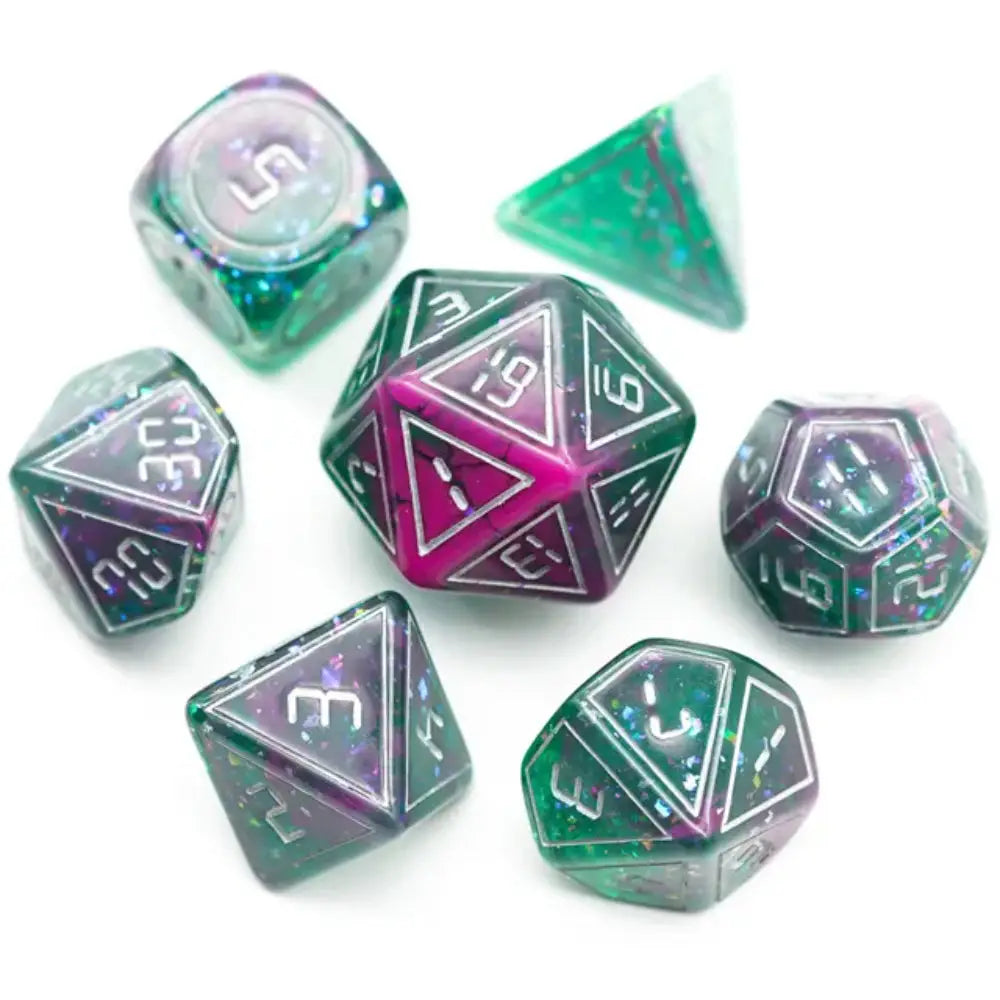 Enchanted Dice Digital Frame Pink & Green Polyhedral (D&D) Dice Set (7) - Dice & Dice Supplies