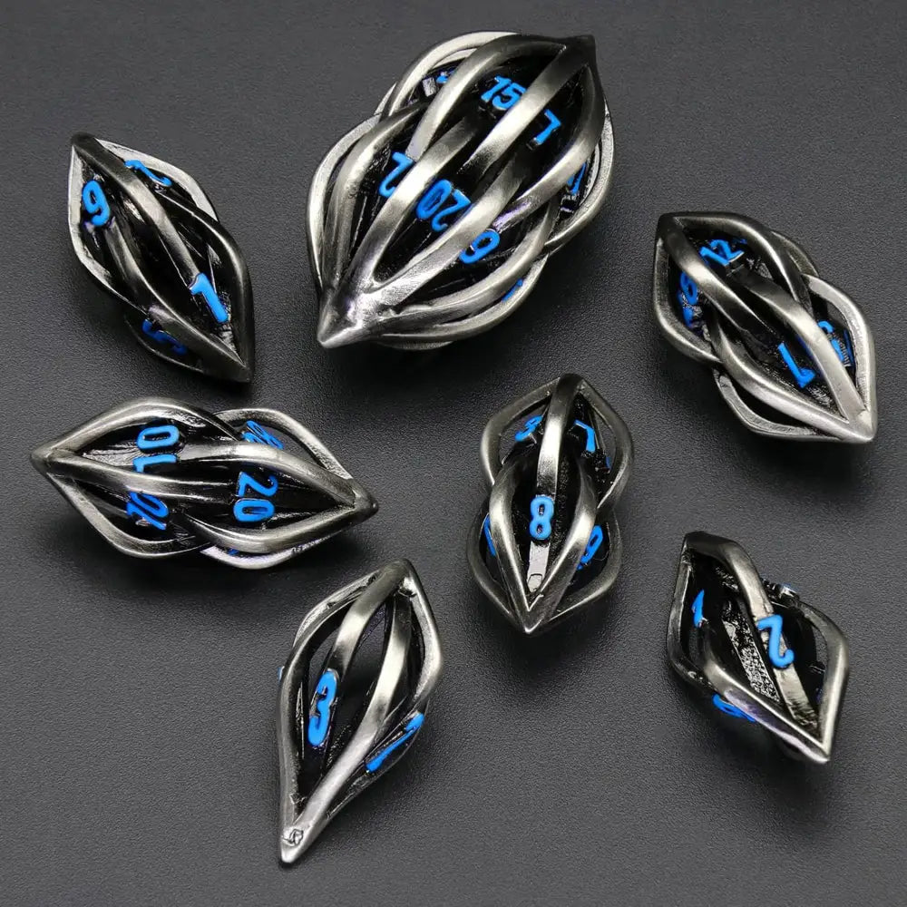 Enchanted Dice Flame Metal Polyhedral (D&D) Dice Set (7) - Black w/Blue - Dice & Dice Supplies