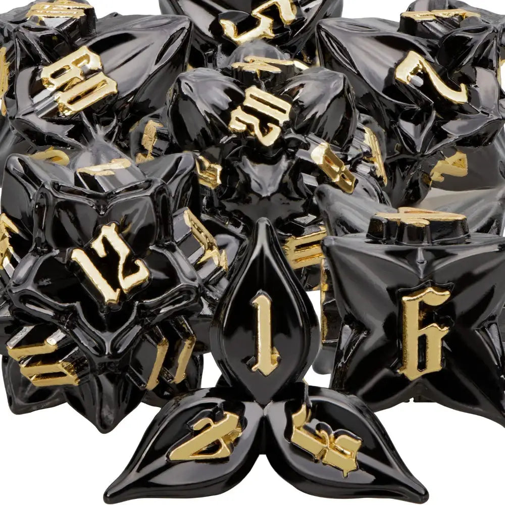 Enchanted Dice Petals Metal Polyhedral (D&D) Dice Set (7) Dice & Dice Supplies The Haunted Game Cafe Black with Gold  