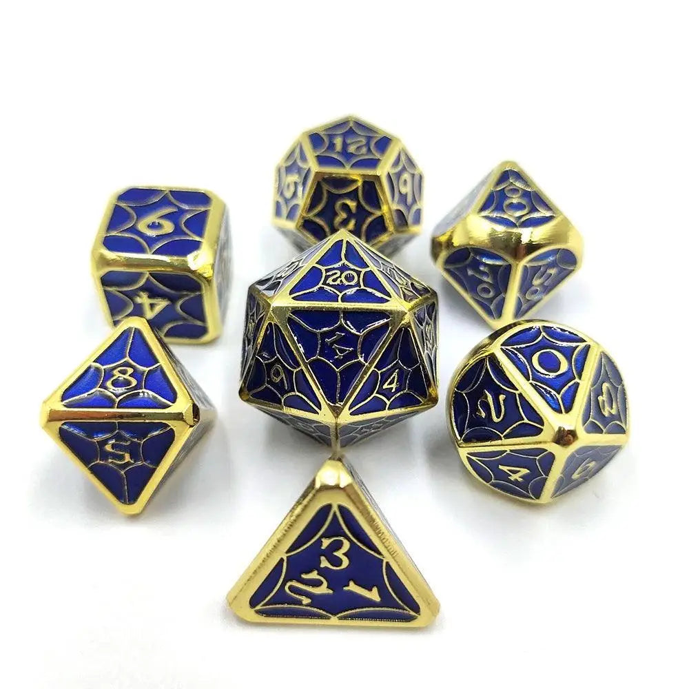 Enchanted Dice Spiderweb Blue on Gold Polyhedral (D&D) Metal Dice Set Dice & Dice Supplies The Haunted Game Cafe   