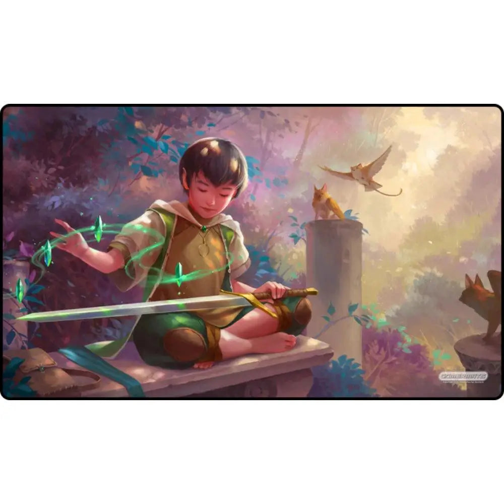 Enchanting playmat rectangular gaming mat with fantasy illustration of boy in green holding glowing sword on stone bench