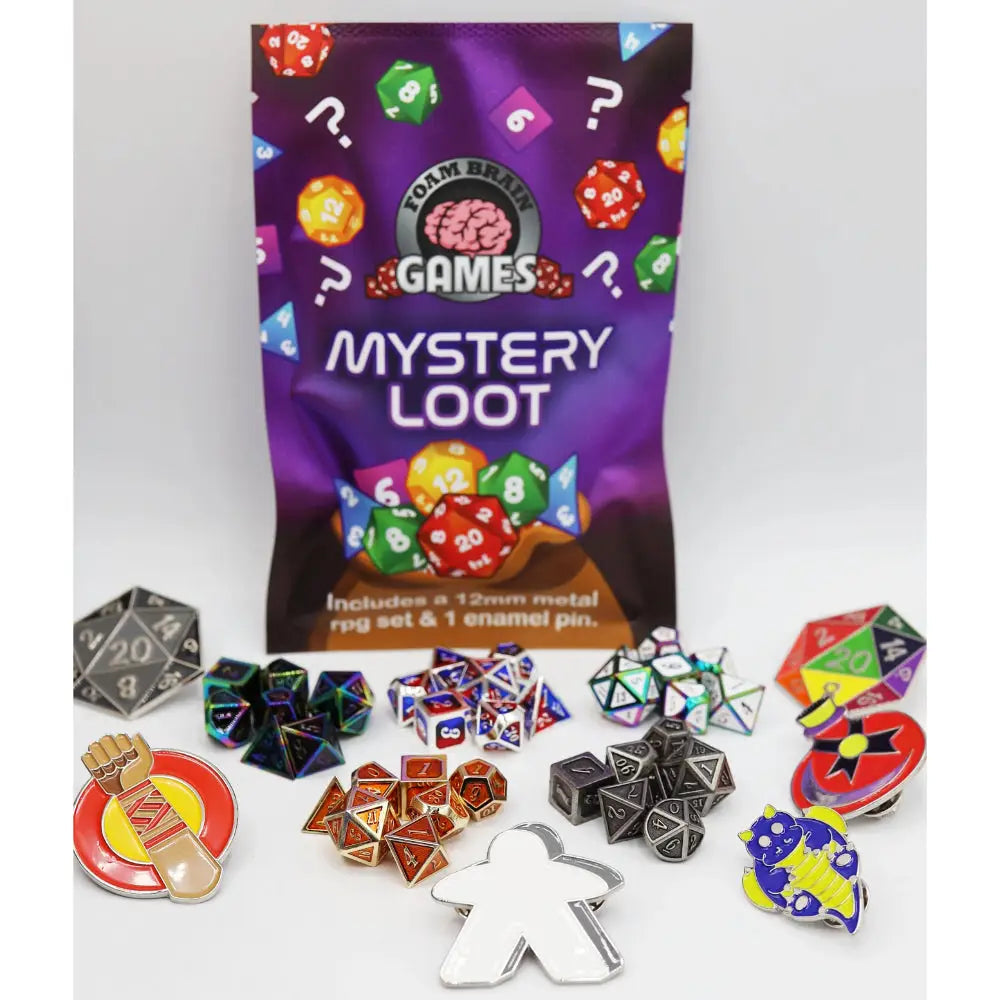 Epic Mystery Loot: Mini Metal Polyhedral Dice Set (7) + Enamel Pin Dice & Dice Supplies Foam Brain Games   