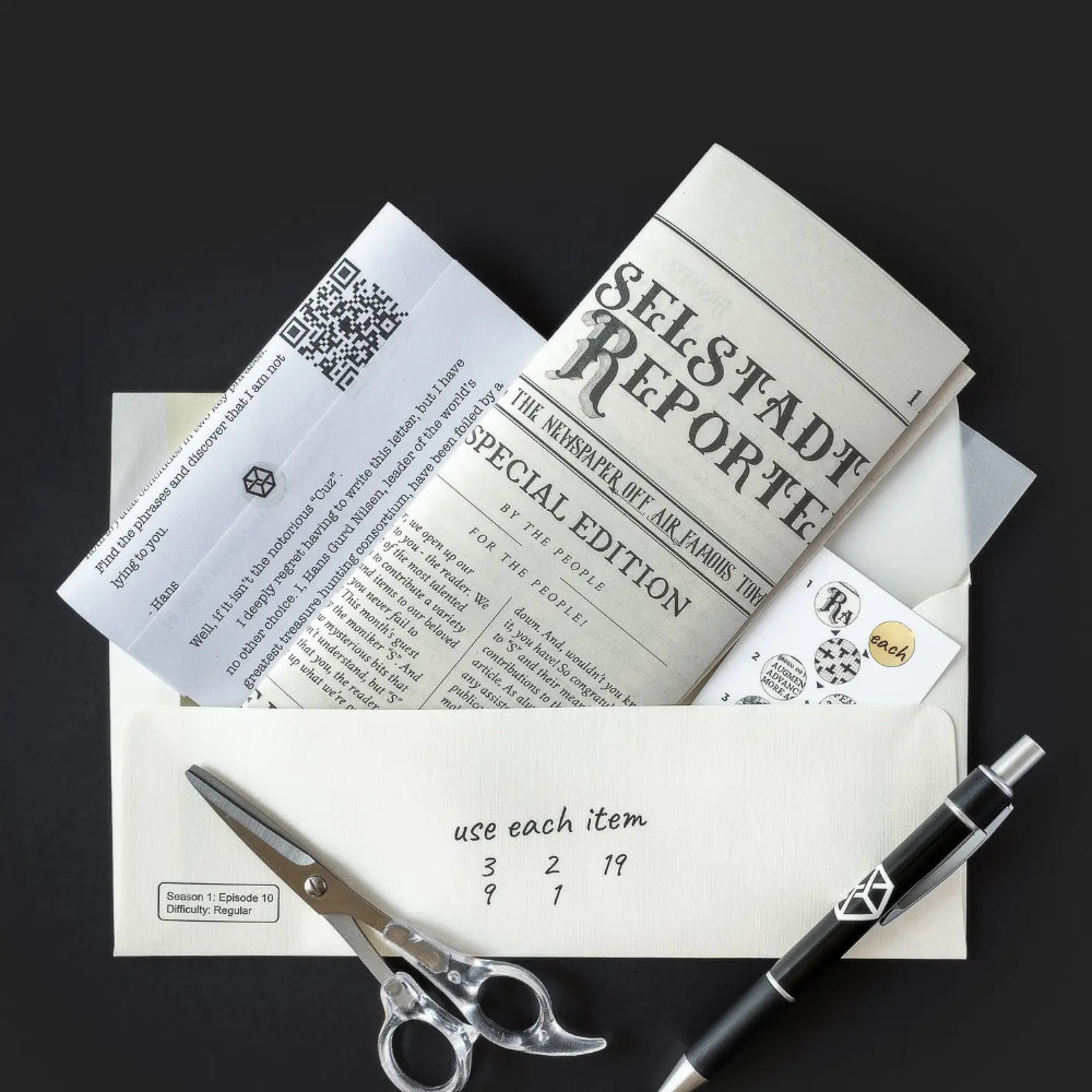 Black pen with silver clip and transparent barrel for writing in the Family Secrets escape game set