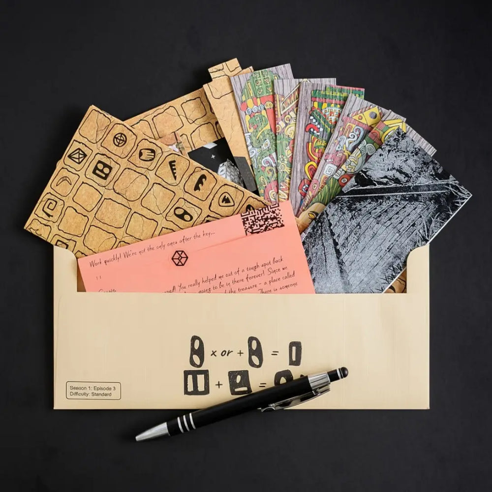 Beige envelope with black geometric math equations and colorful papers labeled season 1 episode 3 for Family Secrets Escape Game