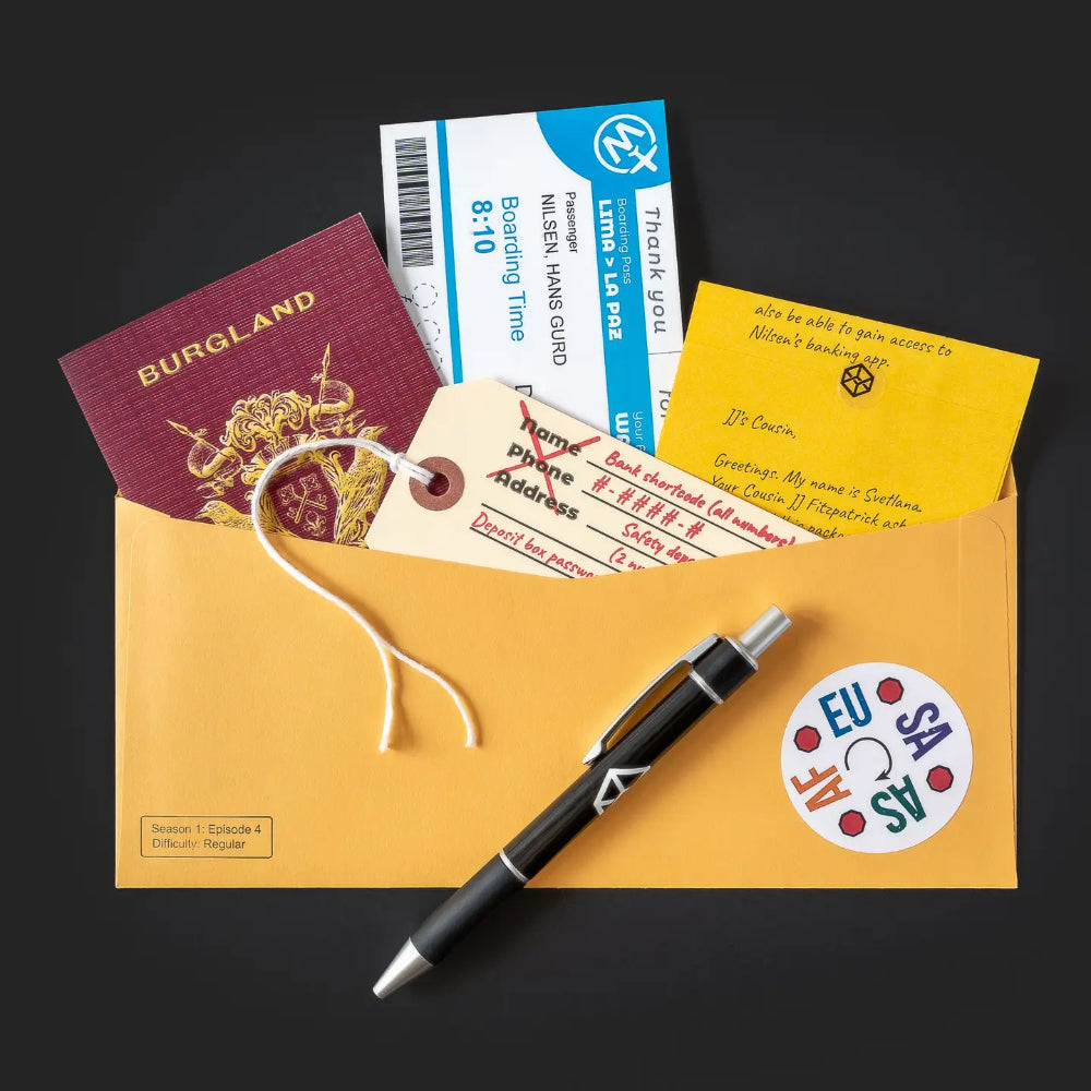 Yellow envelope with a maroon passport, boarding pass, and pen for the family secrets escape game kit