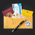 Yellow envelope with a maroon passport, boarding pass, and pen for the family secrets escape game kit