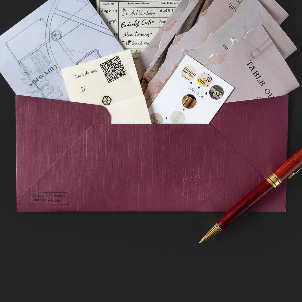 A textured maroon envelope with embossed design partially open revealing papers and a pen for family secrets escape game