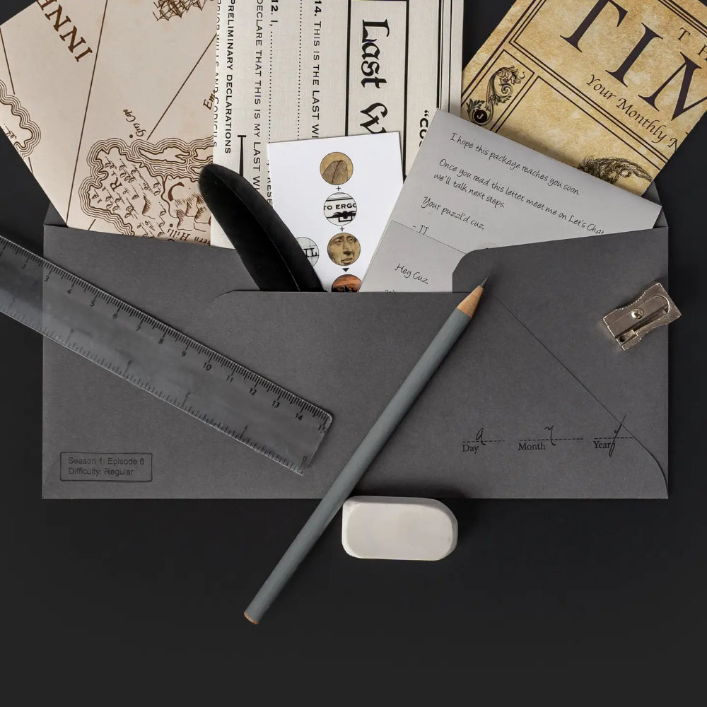 Gray envelope with clear ruler pencil and eraser on dark surface for family secrets escape game kit components