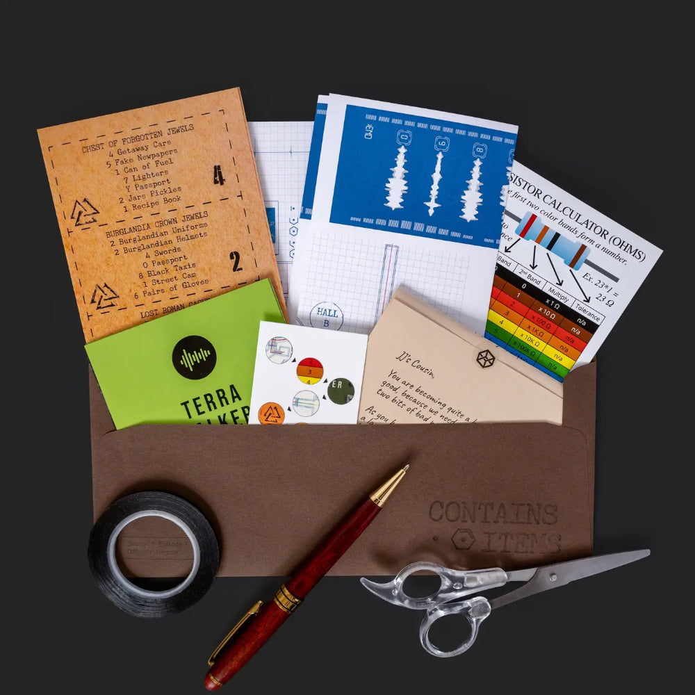 Brown leather envelope with embossed text and contents spilling out for the family secrets escape game kit