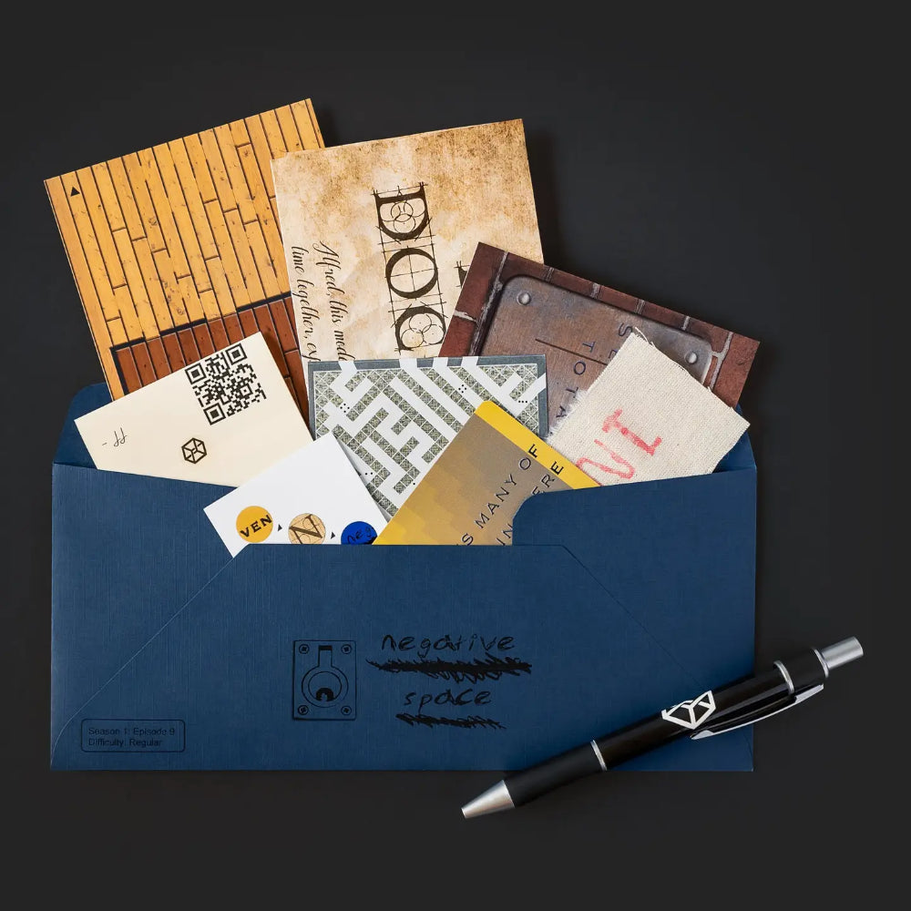 Blue envelope with negative space branding and assorted papers spilling out in family secrets escape game set