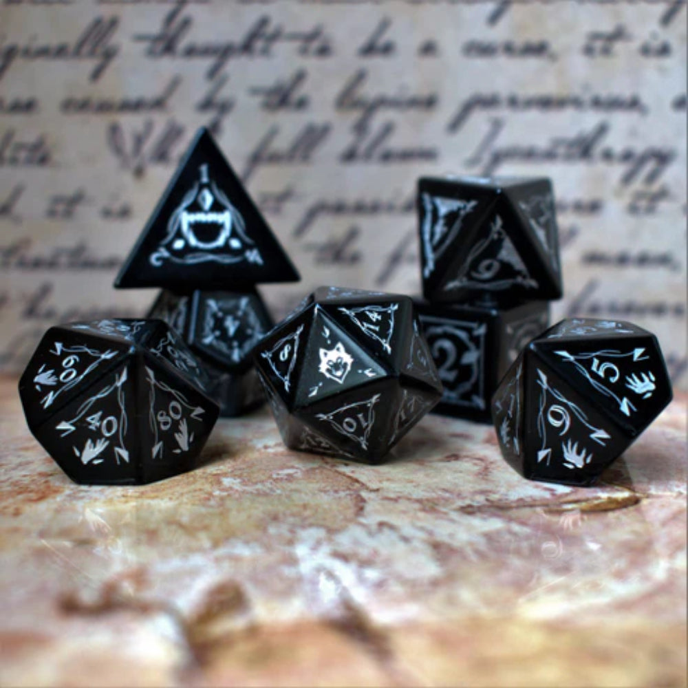Fangs of Winter Obsidian Gemstone Polyhedral (D&D) Dice Set (7) - Dice & Dice Supplies