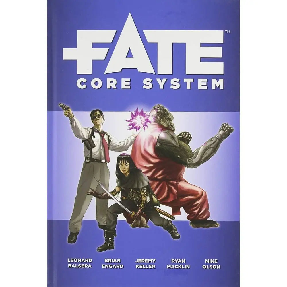 Blue hardcover Fate Core system book with white lettering and illustrated characters for Fate Core RPG gameplay