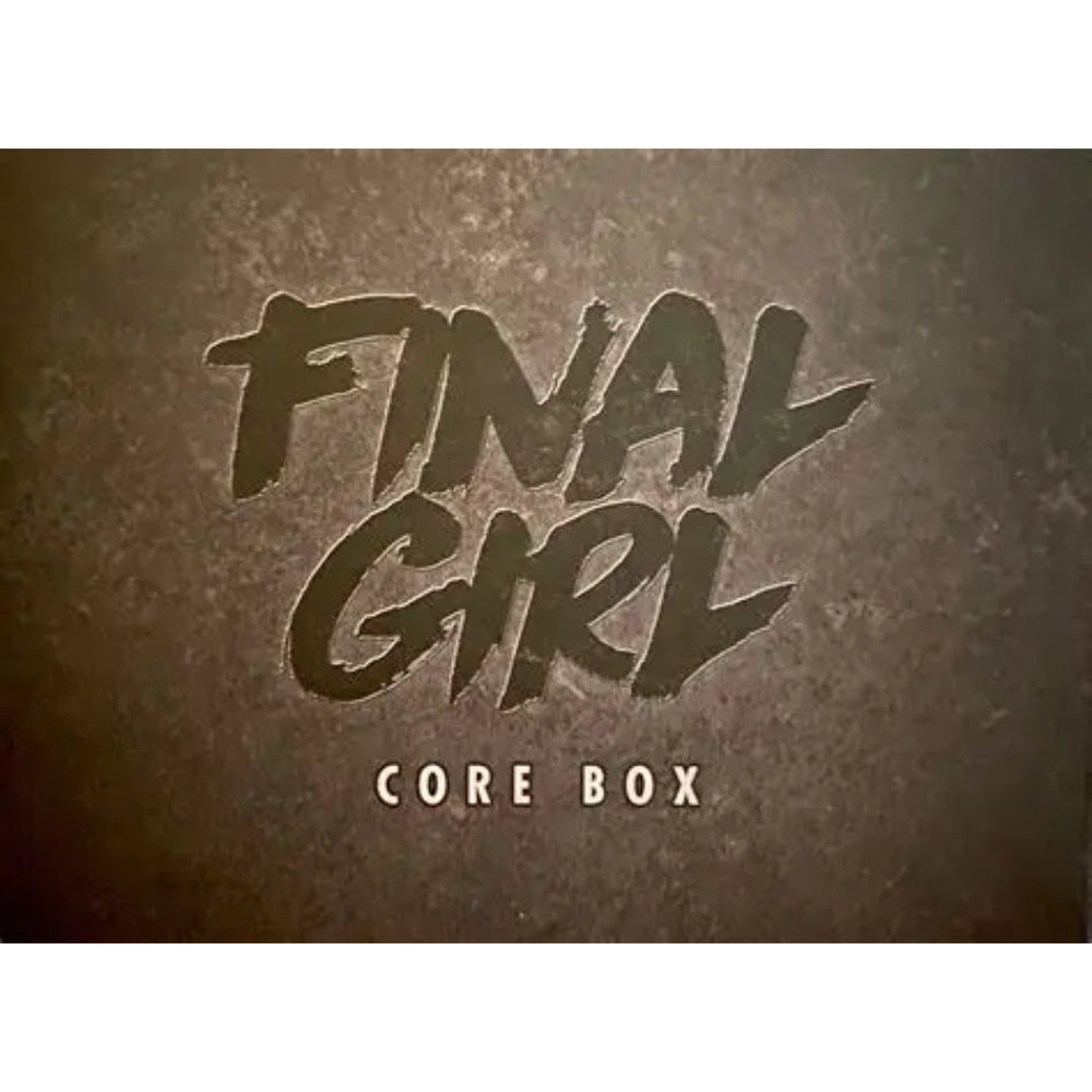 Final girl terror from beyond vignette expansion core box logo with bold distressed black lettering on dark brown background
