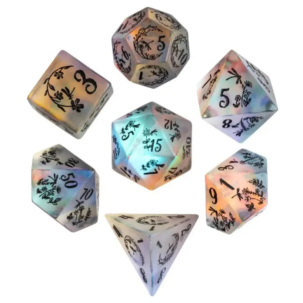 Floral Frosted Glass Polyhedral (D&D) Dice Set (7) - Dice & Dice Supplies