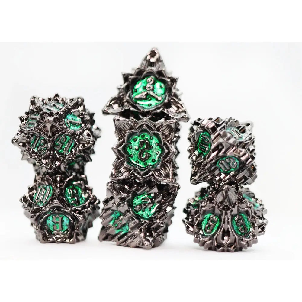 Floral Starburst Metal Polyhedral (D&D) Dice Set (7) Dice & Dice Supplies Foam Brain Games Midnight Forest  