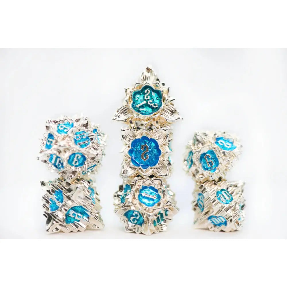 Floral Starburst Metal Polyhedral (D&D) Dice Set (7) Dice & Dice Supplies Foam Brain Games Silver Bluebells  