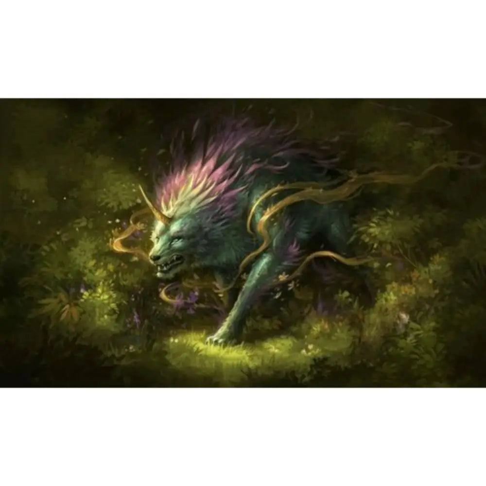 Forest shaman playmat by Sandara featuring a mystical green wolf with glowing pink gold mane and golden tendrils