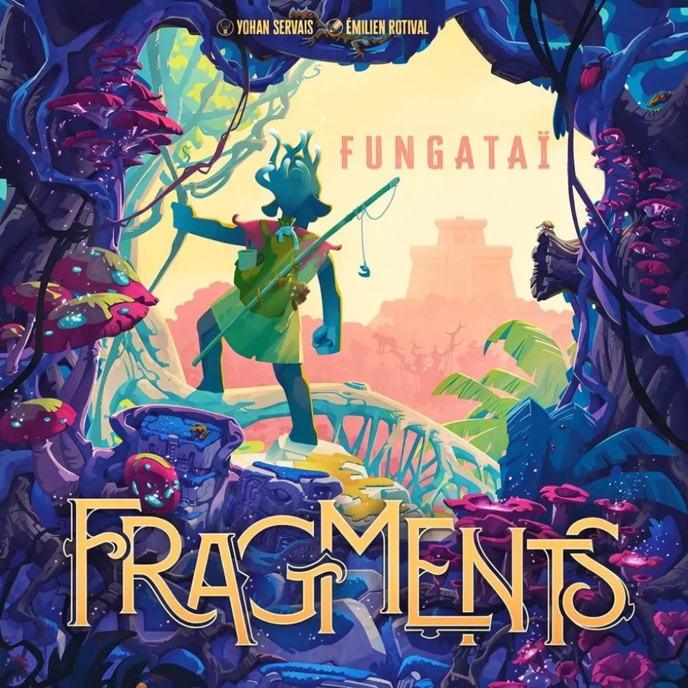Vibrant fantasy board game box art for fragments fungatai featuring a blue-green character on glowing purple fungi archway
