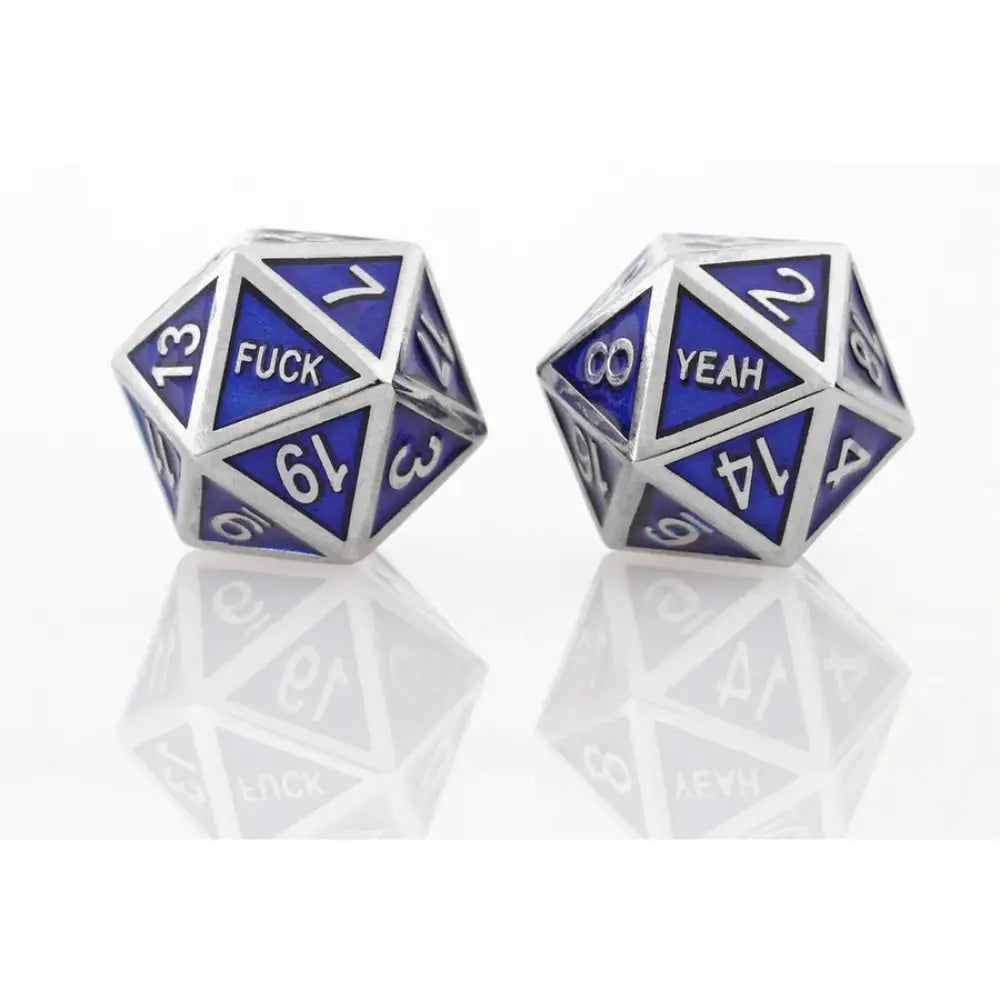 Fuck Yeah Set of 2 D20 Metal Dice Dice & Dice Supplies Forged Gaming Silver Blue  
