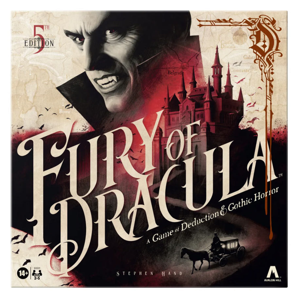 The box for fury of dracula 5th edition board game featuring a menacing vampire face and gothic castle in dark reds and blacks