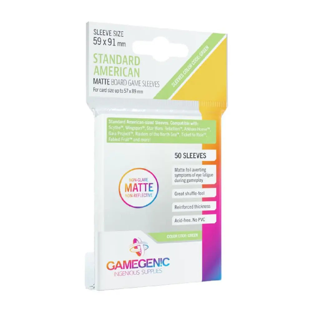 Pack of 50 standard american matte clear board game sleeves by Gamegenic for card protection and durability
