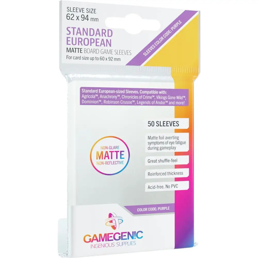 Gamegenic clear matte board game sleeves in purple color packaged in a clear plastic bag for card protection