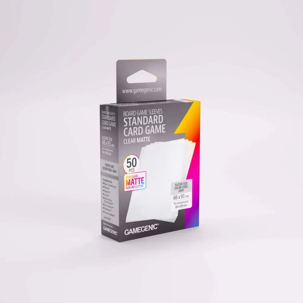 Gamegenic clear matte board game card sleeves in a box of 50 providing durable protection for cards