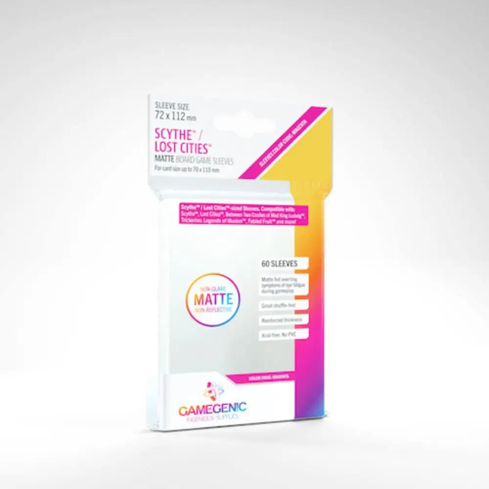 White and colorful gamegenic clear matte board game sleeves with vibrant gradient accent for scythe and lost cities cards