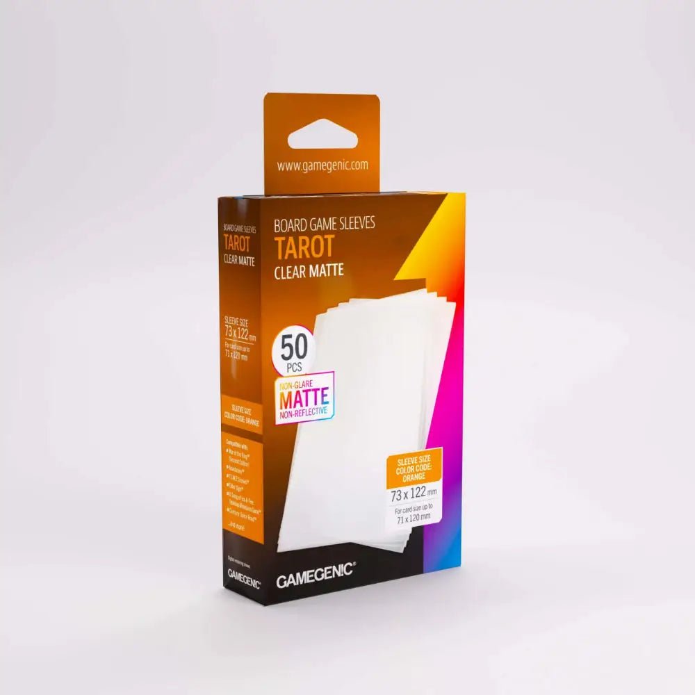 Gamegenic clear matte board game sleeves in orange and black packaging with 50-pack for tarot cards