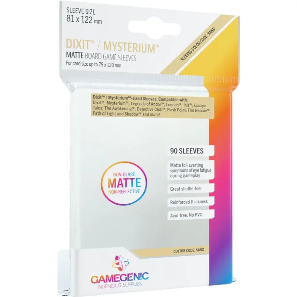 Gamegenic clear matte sand-colored board game sleeves in a plastic package with colorful gradient accents