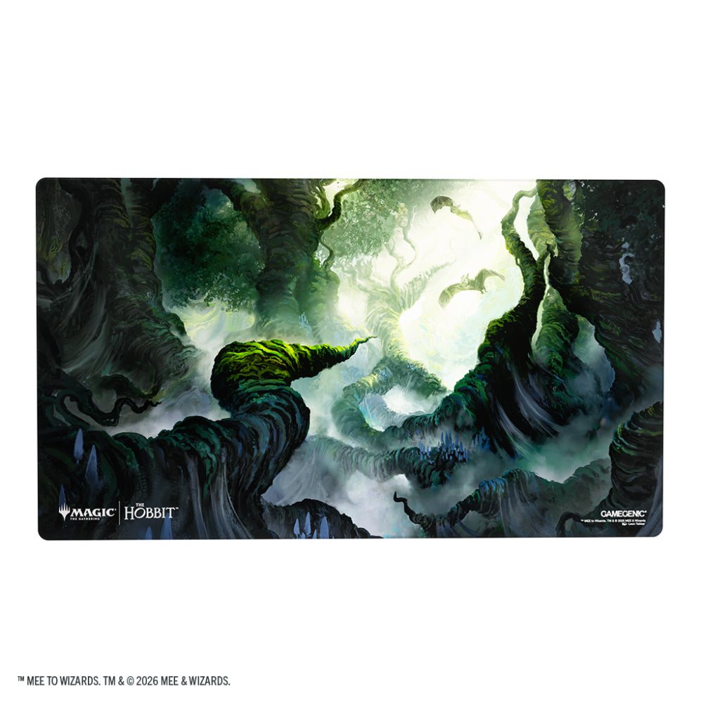 A rectangular Gamegenic Magic the Gathering The Hobbit playmat featuring a shiny Mirkwood mystical forest illustration
