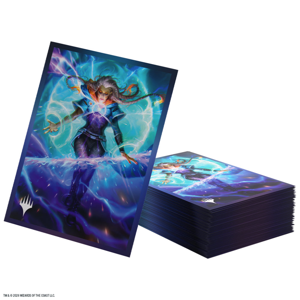 Gamegenic Magic the Gathering Reality Fracture card sleeves in vibrant blue and purple glossy material with dynamic design
