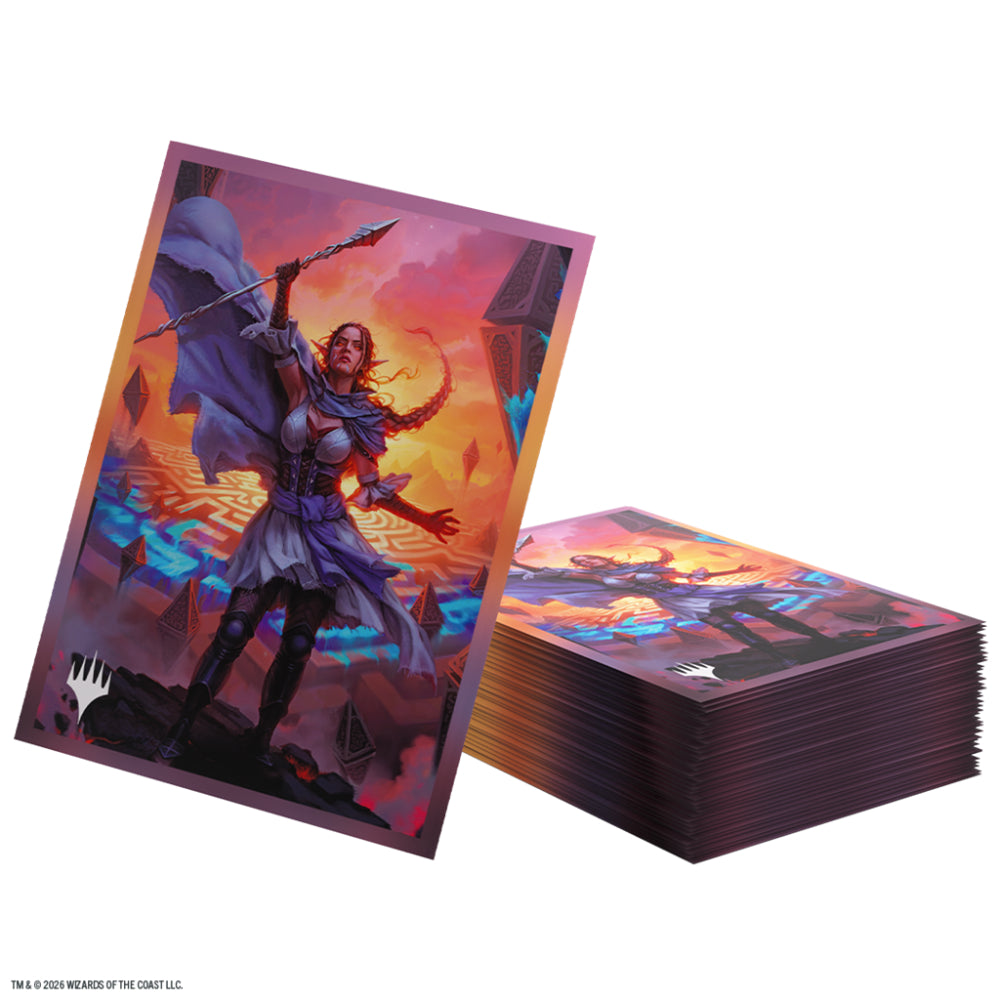 Gamegenic Magic the Gathering Reality Fracture card sleeves featuring vibrant fantasy warrior in purple and blue armor