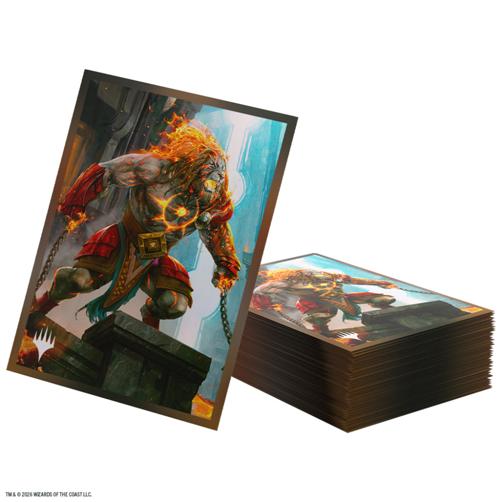 Gamegenic Magic the Gathering Reality Fracture card sleeves featuring a fiery muscular figure with glowing orange flames