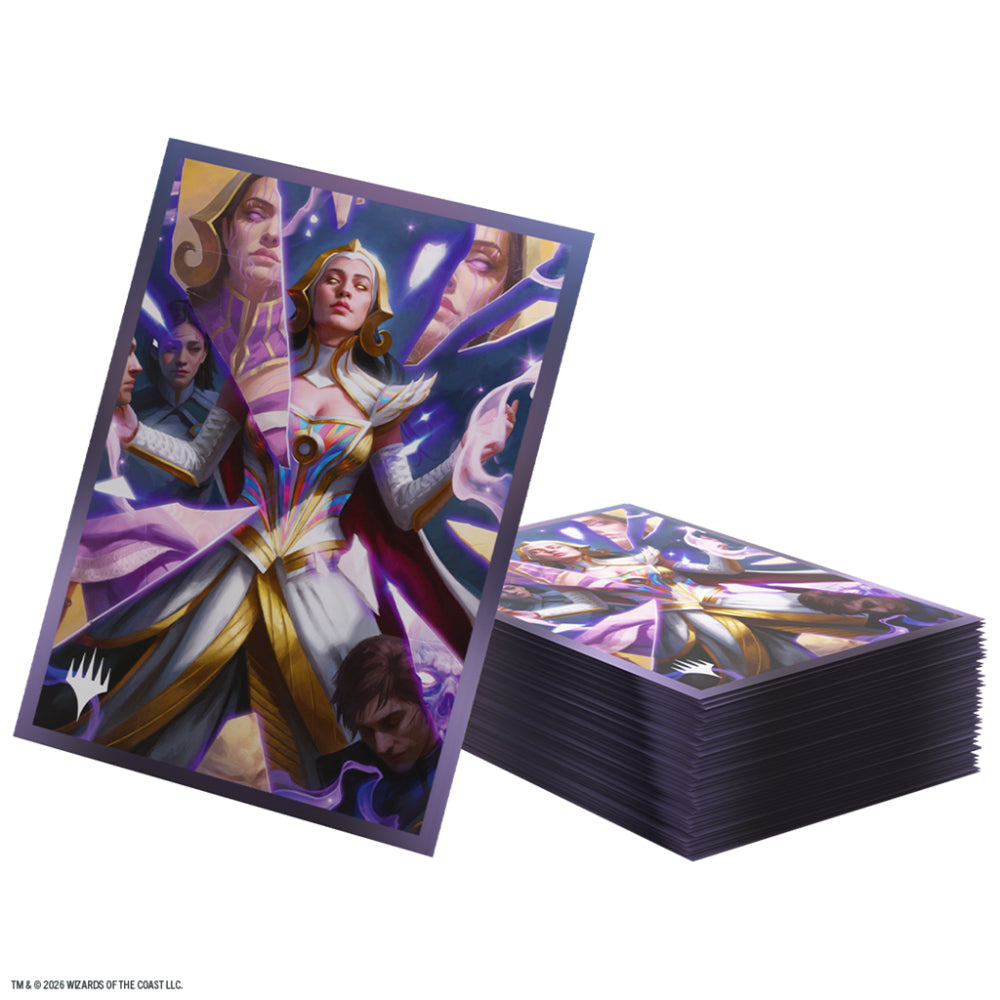 Purple and gold Gamegenic Magic the Gathering Reality Fracture card sleeves featuring detailed fantasy artwork of multiple figures