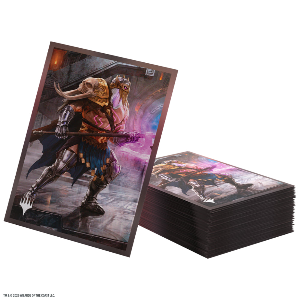 Black card sleeves by Gamegenic for Magic the Gathering featuring a skeletal warrior in ornate armor with purple orange lighting