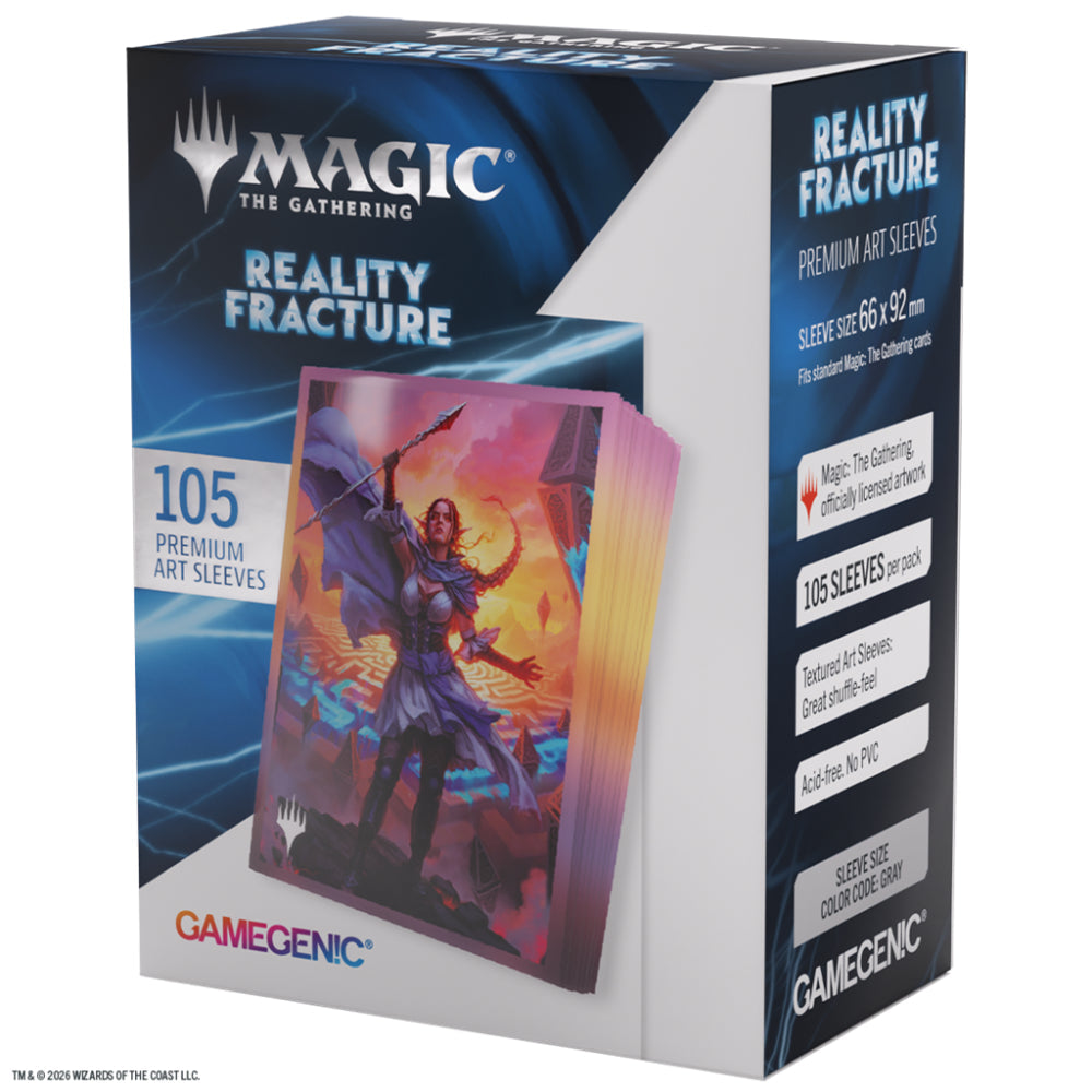 Gamegenic Magic the Gathering Reality Fracture card sleeves box with 105 premium purple and gold armored warrior art sleeves
