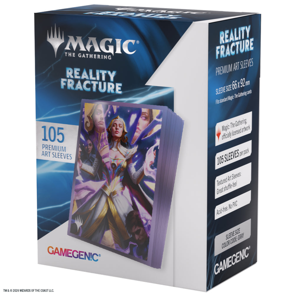 A pack of 105 Gamegenic Magic the Gathering reality fracture card sleeves with textured gray finish and licensed artwork