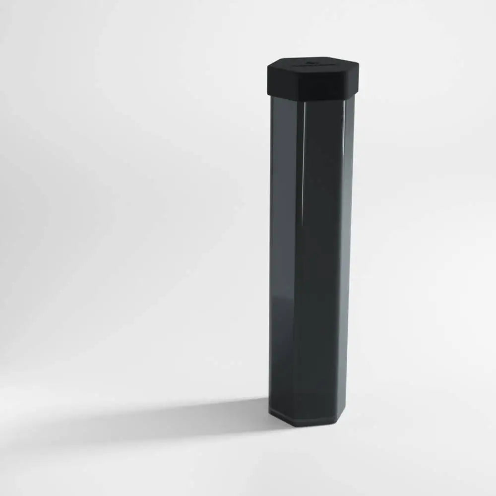 Black hexagonal acrylic display stand with glossy finish and rounded top for Gamegenic Playmat Tube