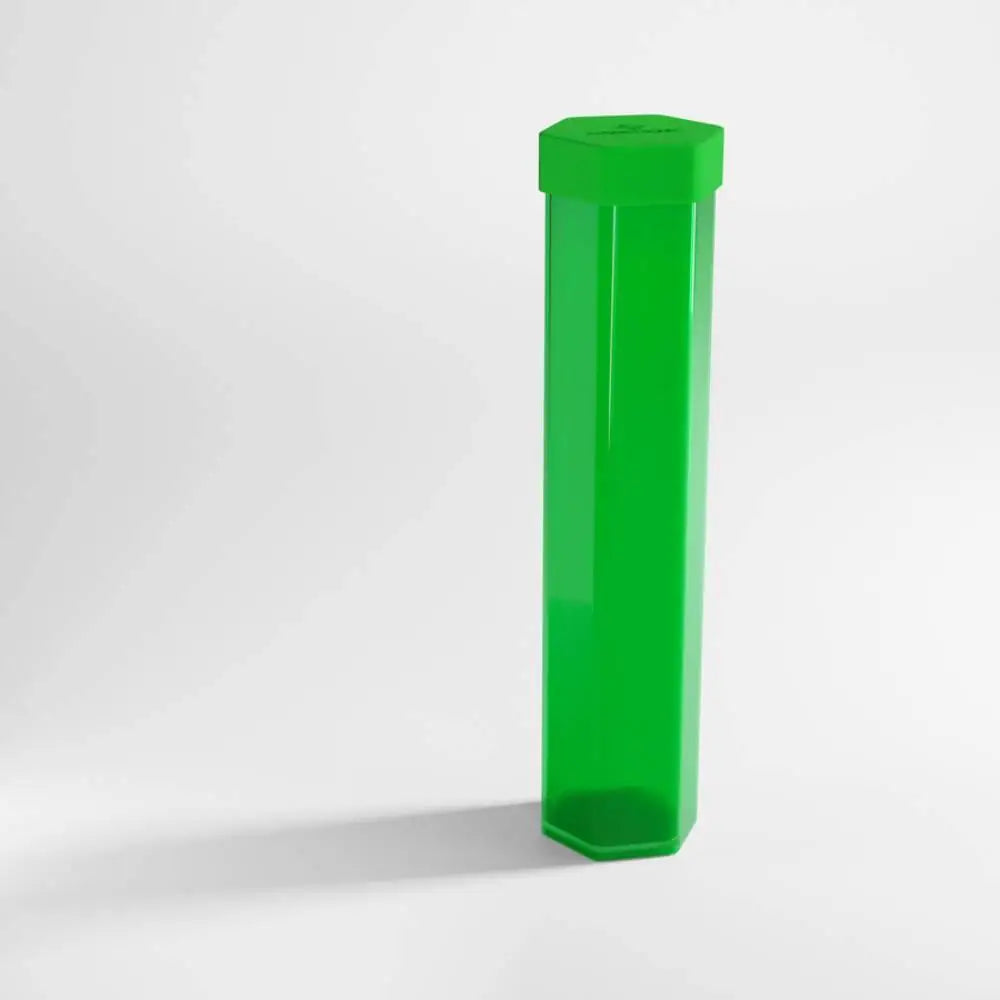 Gamegenic playmat tube is a translucent green hexagonal plastic storage tube with a matching lid for gaming mats