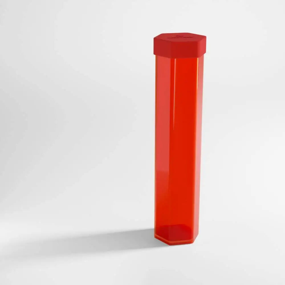 A translucent red hexagonal plastic container with matching lid from the Gamegenic Playmat Tube product line