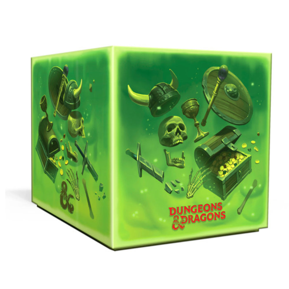 Green dungeons and dragons gelatinous cube board set box featuring illustrated helmets swords and a treasure chest